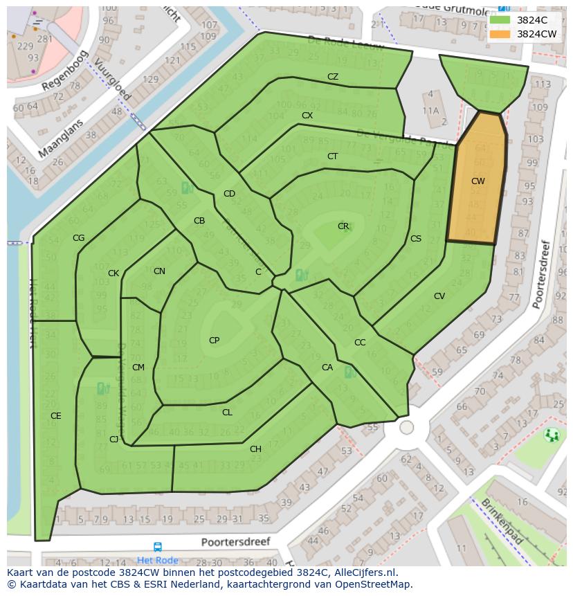 Afbeelding van het postcodegebied 3824 CW op de kaart.