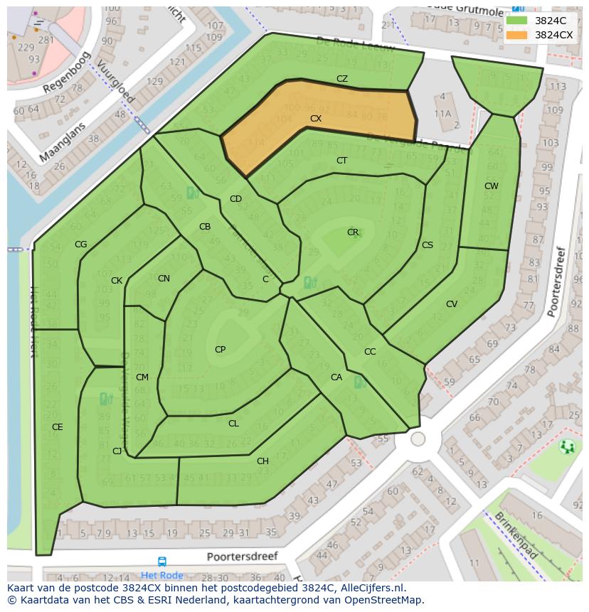 Afbeelding van het postcodegebied 3824 CX op de kaart.