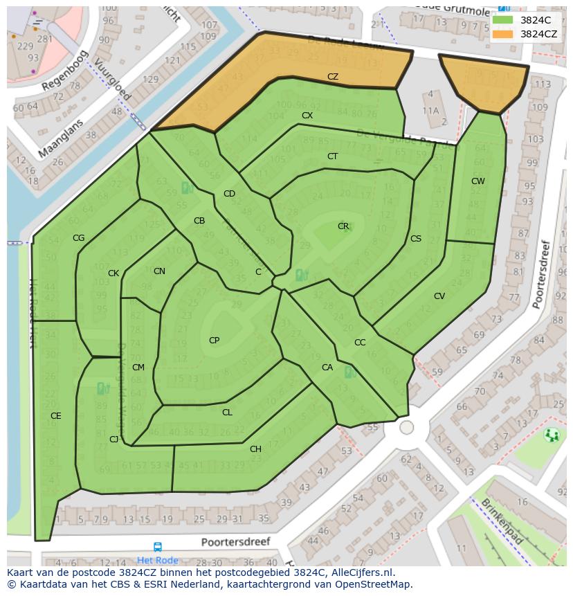 Afbeelding van het postcodegebied 3824 CZ op de kaart.
