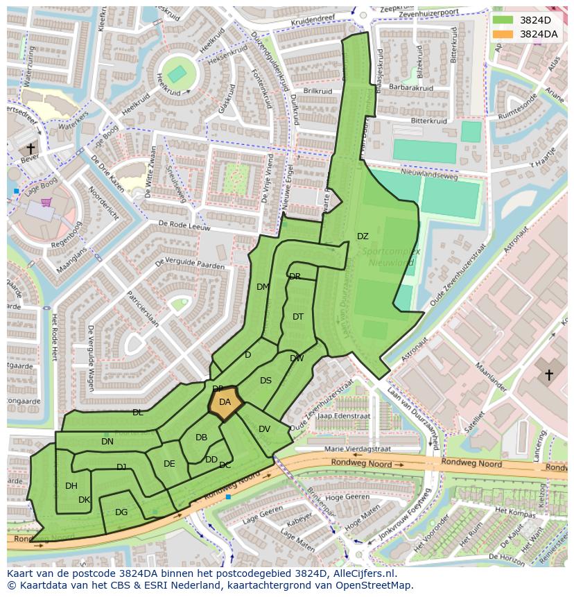 Afbeelding van het postcodegebied 3824 DA op de kaart.