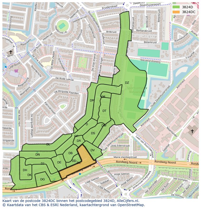 Afbeelding van het postcodegebied 3824 DC op de kaart.