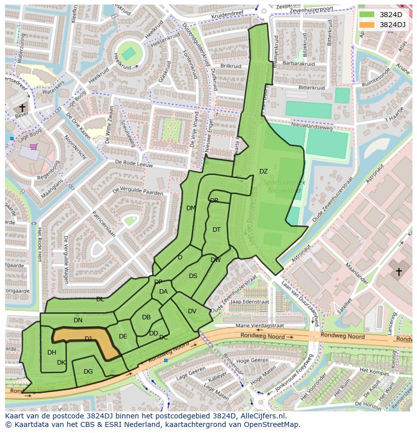 Afbeelding van het postcodegebied 3824 DJ op de kaart.