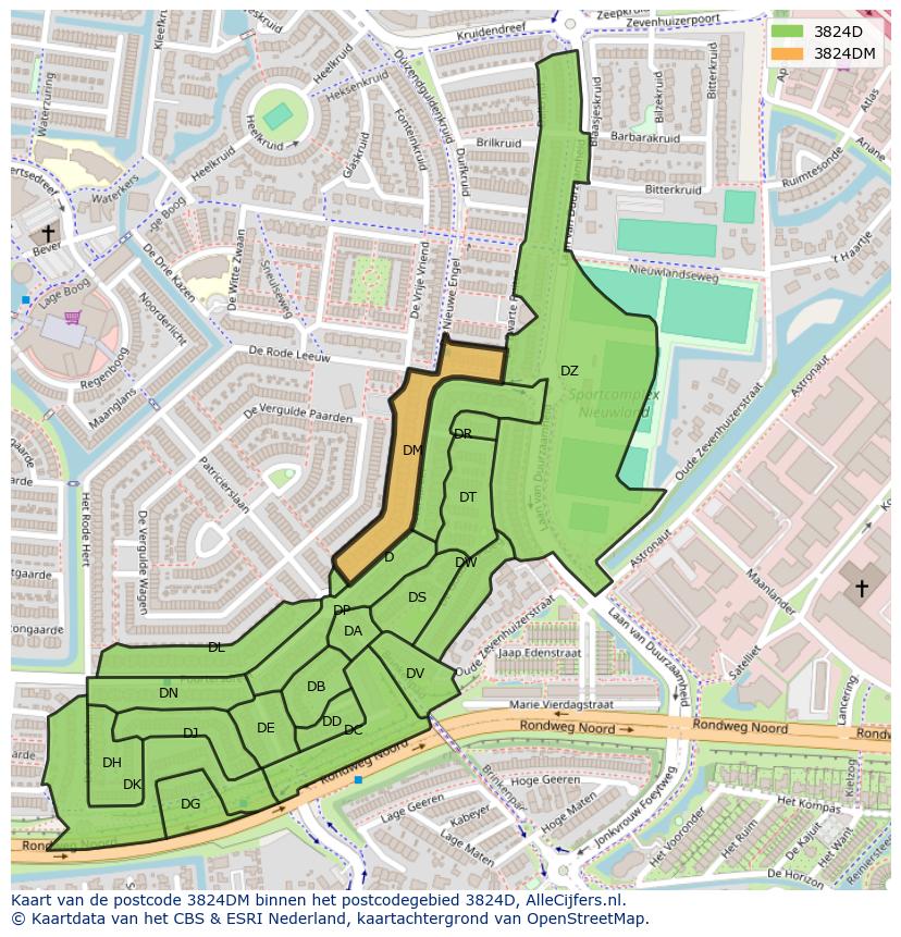Afbeelding van het postcodegebied 3824 DM op de kaart.
