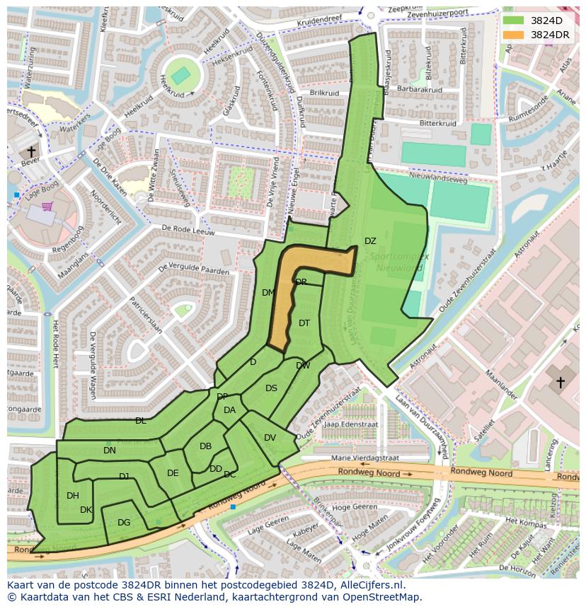 Afbeelding van het postcodegebied 3824 DR op de kaart.