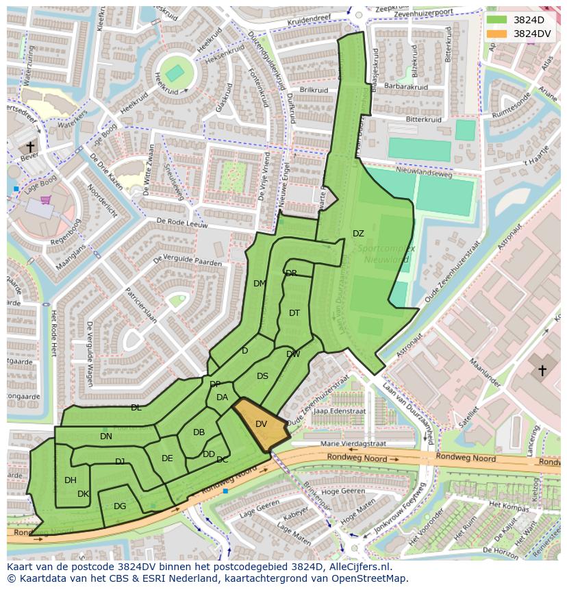Afbeelding van het postcodegebied 3824 DV op de kaart.