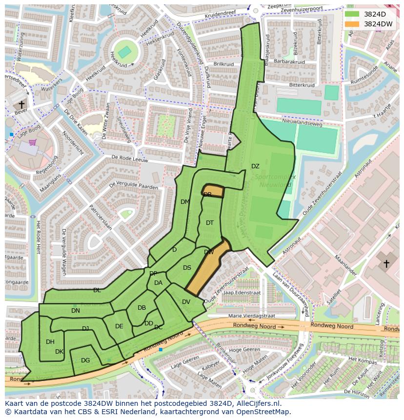Afbeelding van het postcodegebied 3824 DW op de kaart.