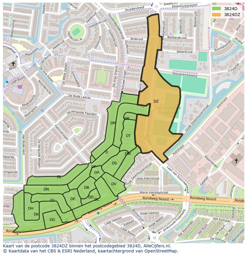 Afbeelding van het postcodegebied 3824 DZ op de kaart.