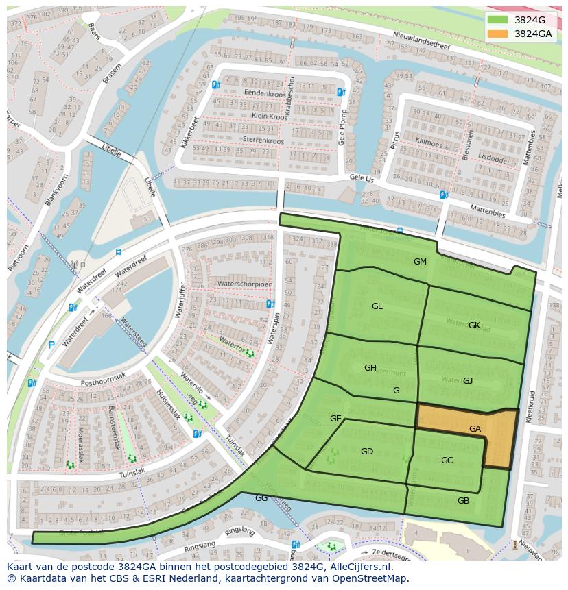 Afbeelding van het postcodegebied 3824 GA op de kaart.