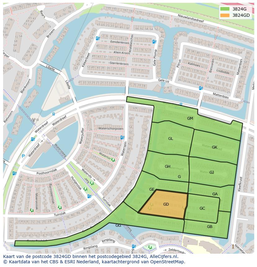 Afbeelding van het postcodegebied 3824 GD op de kaart.
