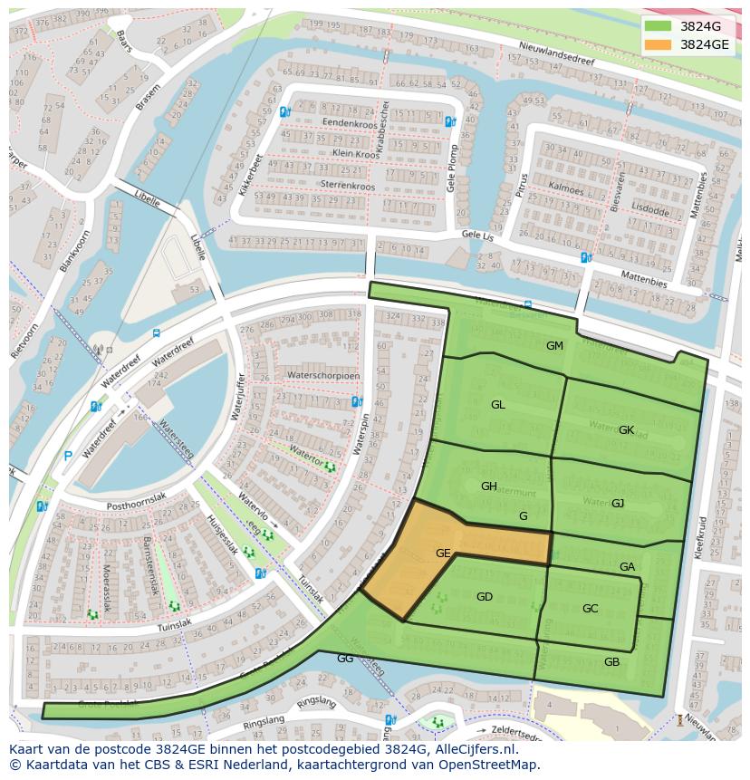 Afbeelding van het postcodegebied 3824 GE op de kaart.