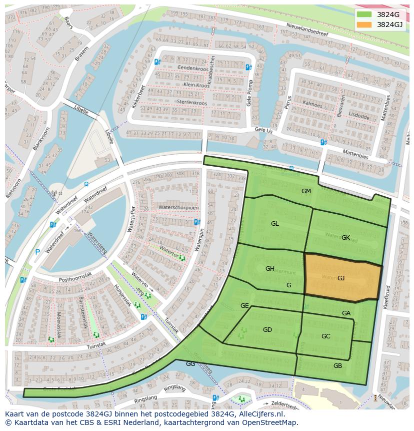 Afbeelding van het postcodegebied 3824 GJ op de kaart.