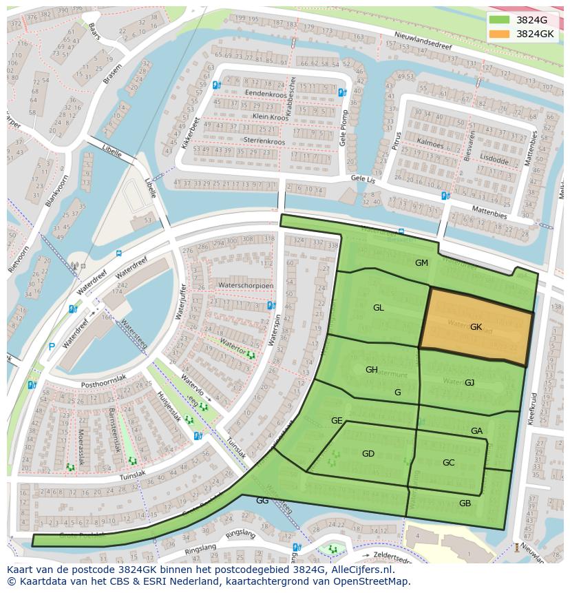 Afbeelding van het postcodegebied 3824 GK op de kaart.