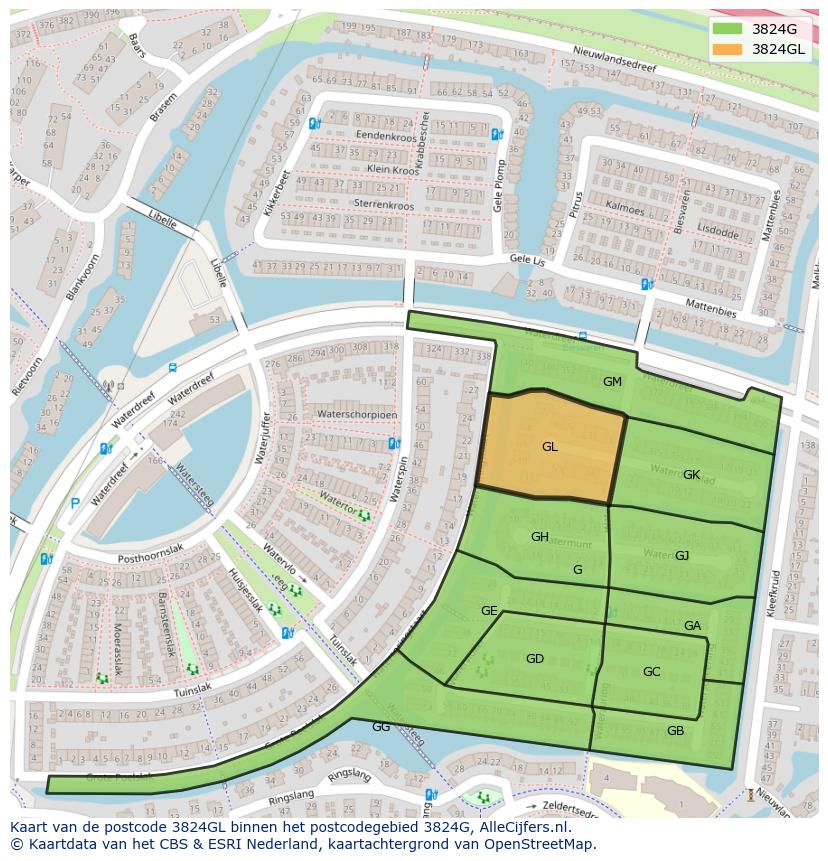 Afbeelding van het postcodegebied 3824 GL op de kaart.