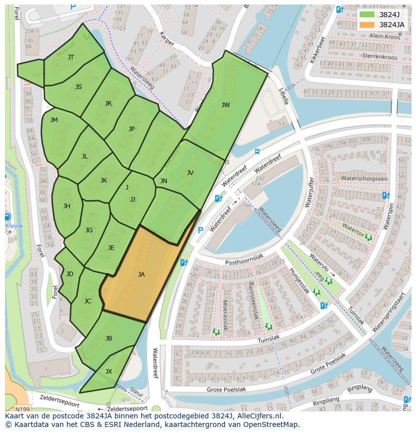 Afbeelding van het postcodegebied 3824 JA op de kaart.