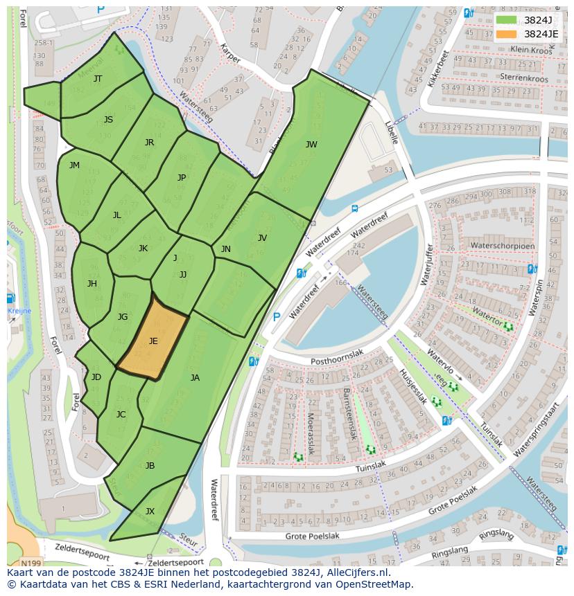 Afbeelding van het postcodegebied 3824 JE op de kaart.