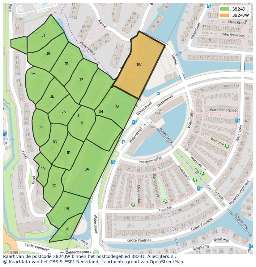 Afbeelding van het postcodegebied 3824 JW op de kaart.