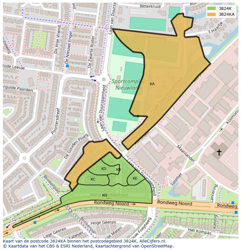 Afbeelding van het postcodegebied 3824 KA op de kaart.