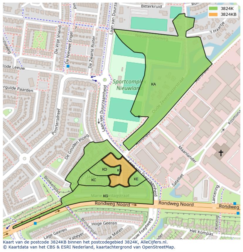 Afbeelding van het postcodegebied 3824 KB op de kaart.