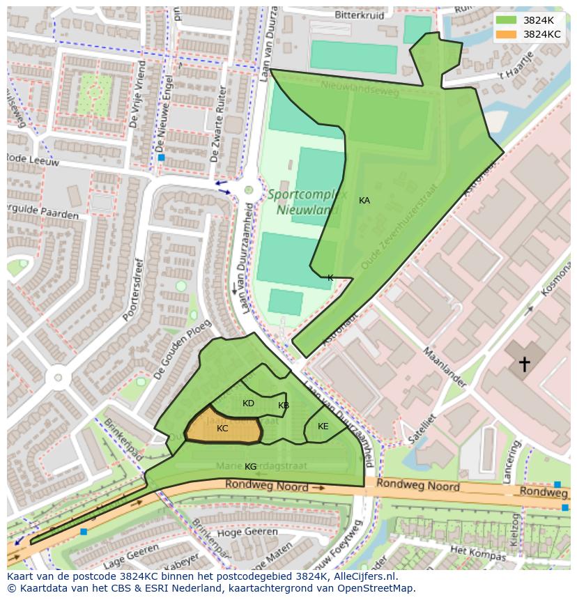 Afbeelding van het postcodegebied 3824 KC op de kaart.