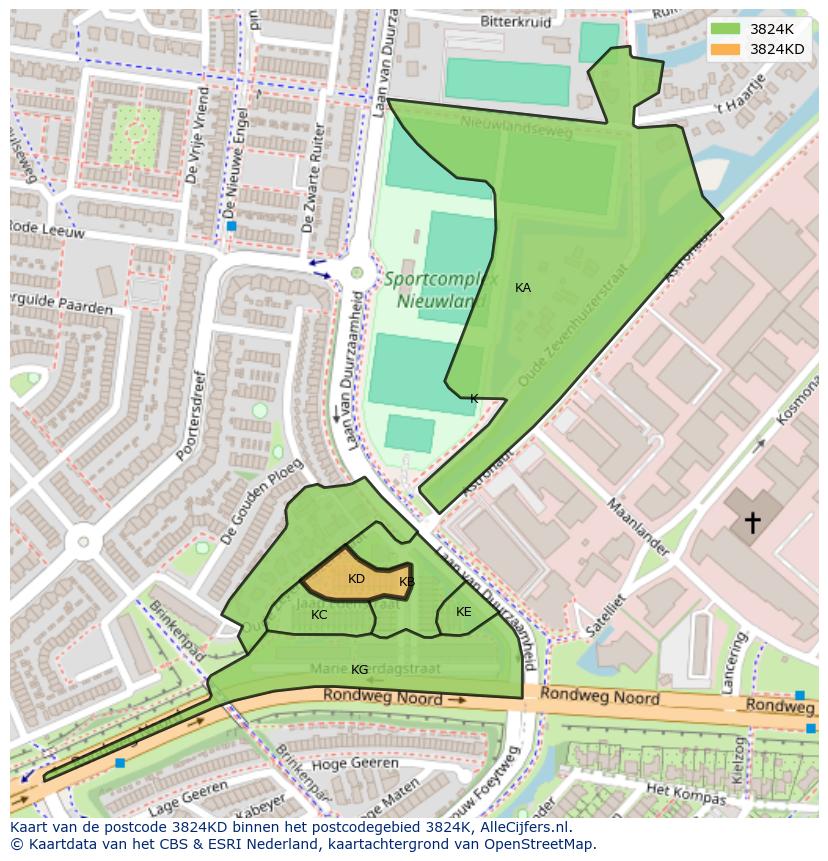 Afbeelding van het postcodegebied 3824 KD op de kaart.