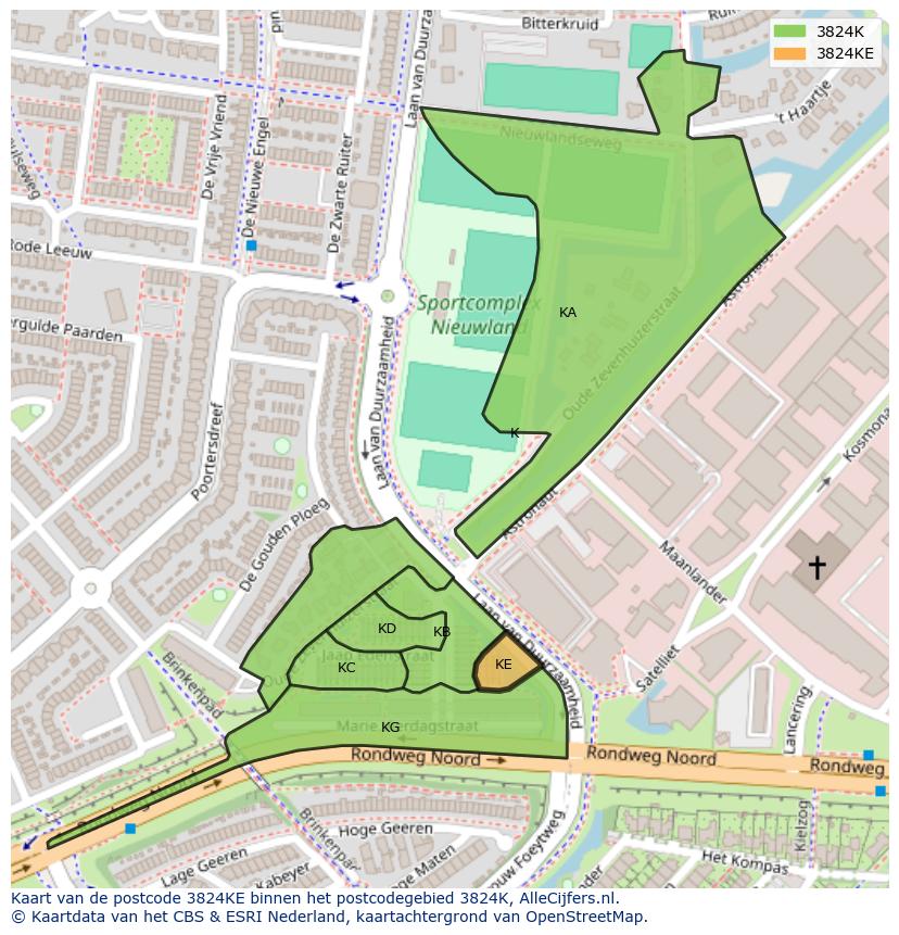 Afbeelding van het postcodegebied 3824 KE op de kaart.