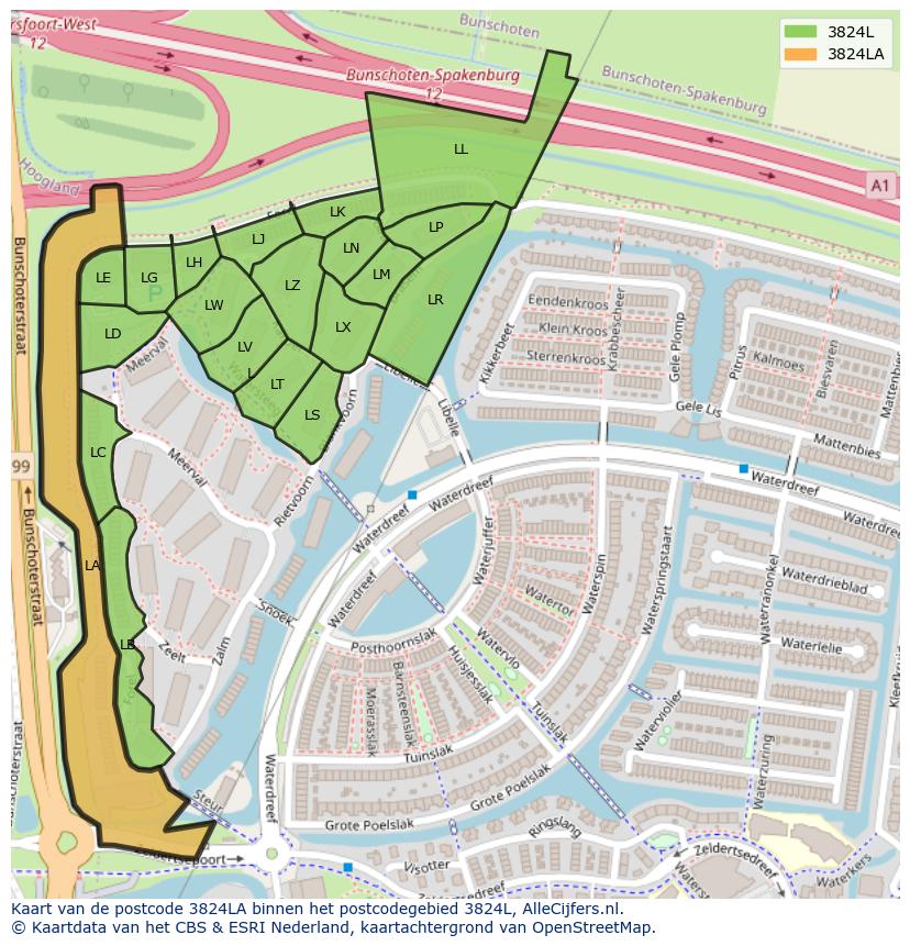 Afbeelding van het postcodegebied 3824 LA op de kaart.