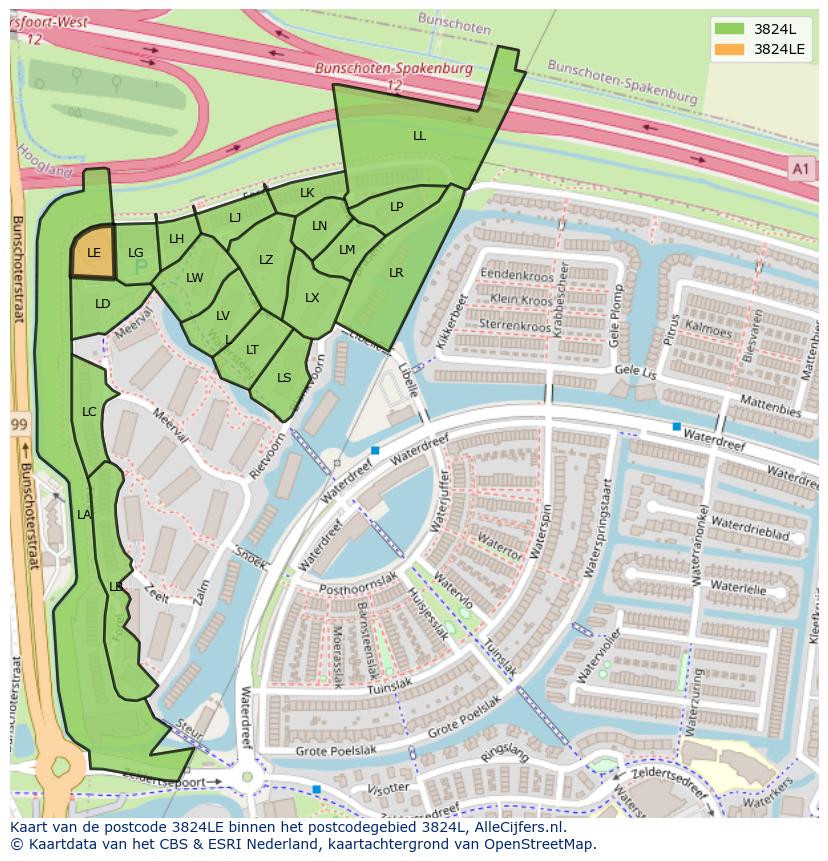 Afbeelding van het postcodegebied 3824 LE op de kaart.