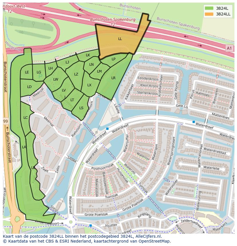 Afbeelding van het postcodegebied 3824 LL op de kaart.