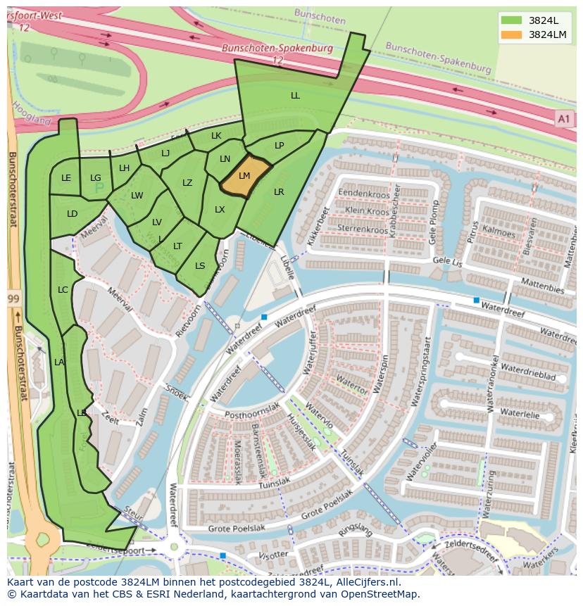 Afbeelding van het postcodegebied 3824 LM op de kaart.