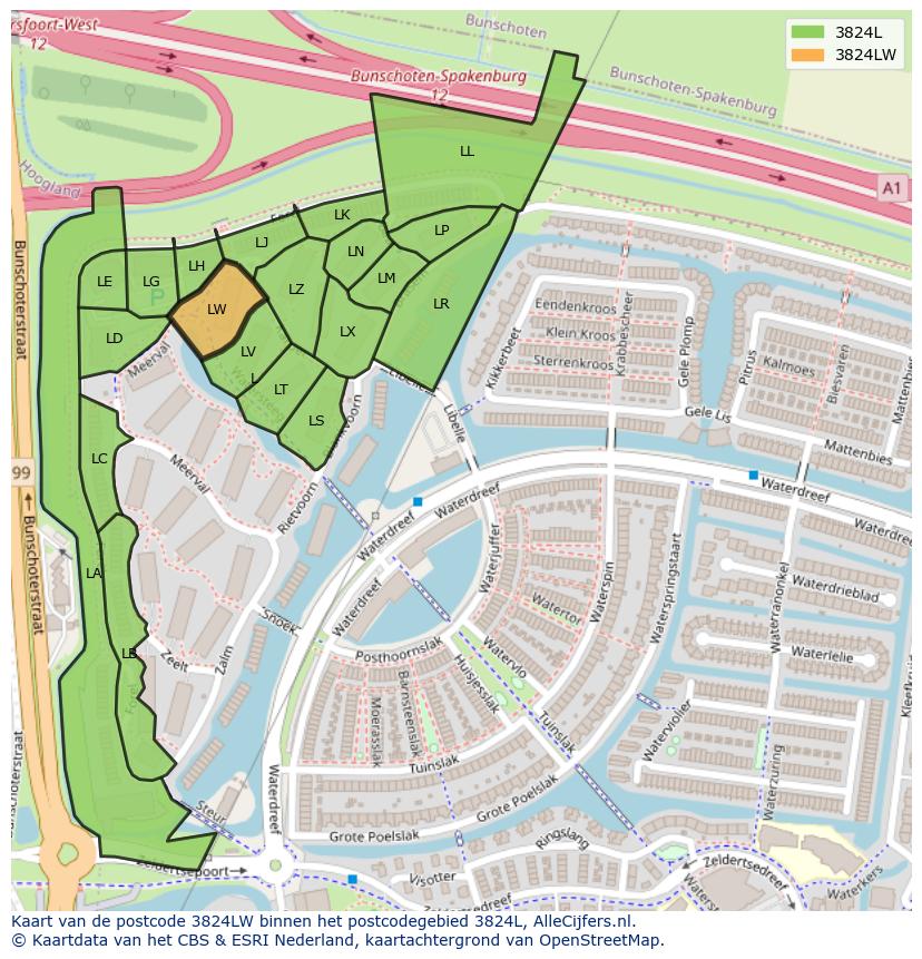 Afbeelding van het postcodegebied 3824 LW op de kaart.