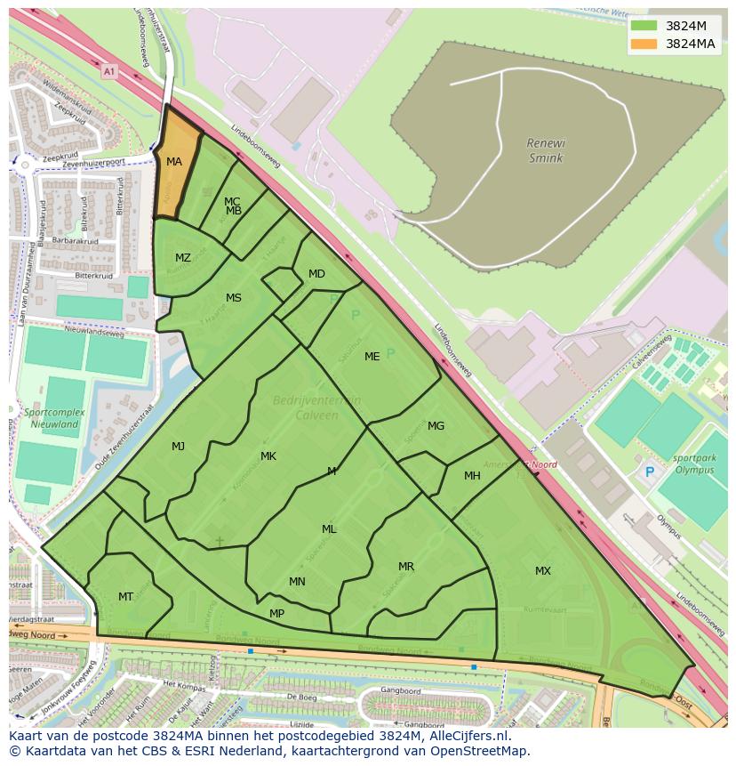 Afbeelding van het postcodegebied 3824 MA op de kaart.