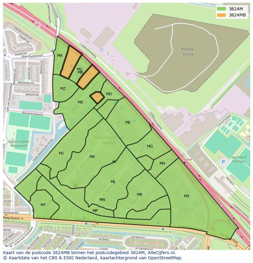 Afbeelding van het postcodegebied 3824 MB op de kaart.