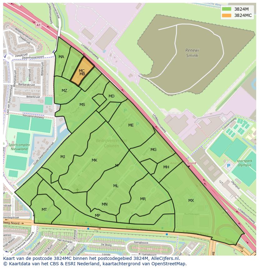 Afbeelding van het postcodegebied 3824 MC op de kaart.
