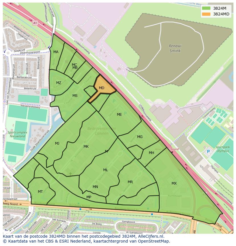 Afbeelding van het postcodegebied 3824 MD op de kaart.