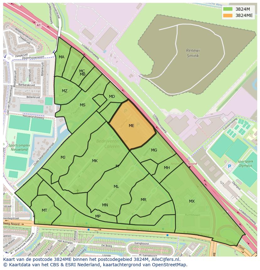 Afbeelding van het postcodegebied 3824 ME op de kaart.