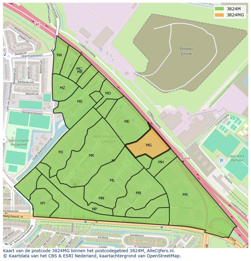 Afbeelding van het postcodegebied 3824 MG op de kaart.