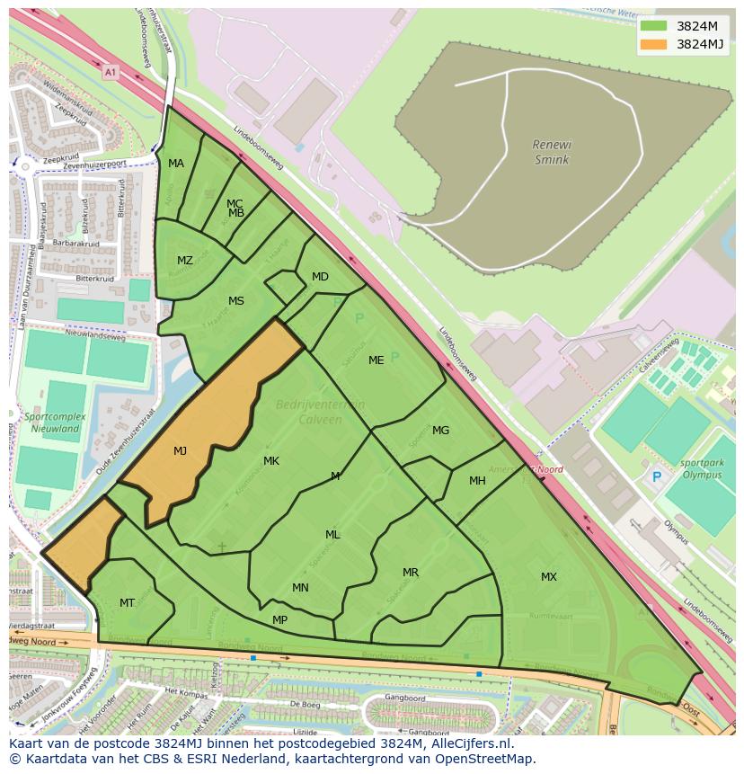 Afbeelding van het postcodegebied 3824 MJ op de kaart.