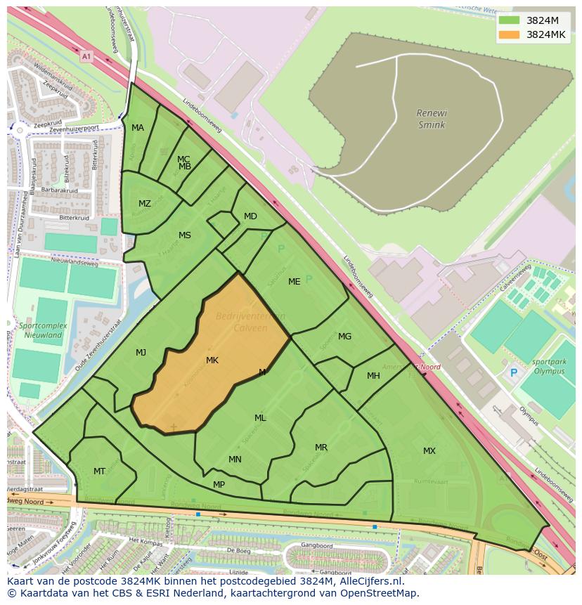 Afbeelding van het postcodegebied 3824 MK op de kaart.