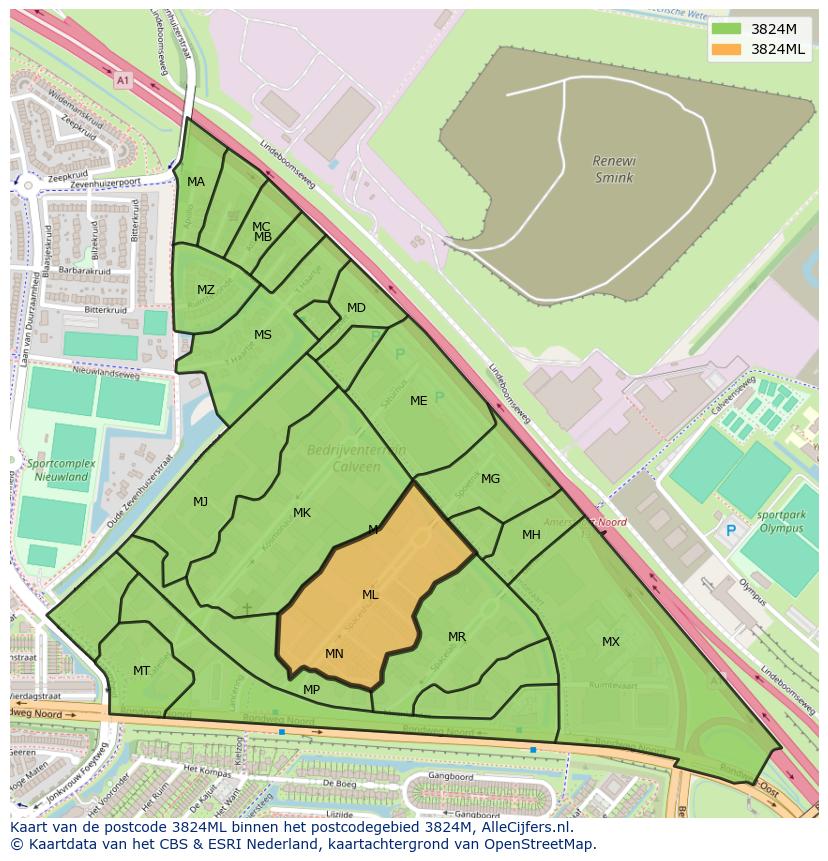 Afbeelding van het postcodegebied 3824 ML op de kaart.