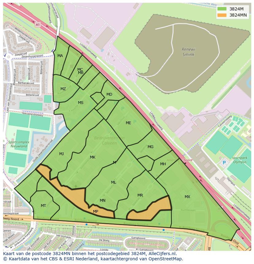 Afbeelding van het postcodegebied 3824 MN op de kaart.
