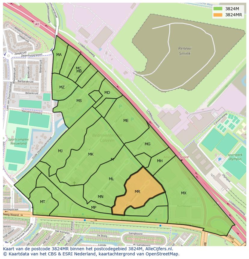 Afbeelding van het postcodegebied 3824 MR op de kaart.