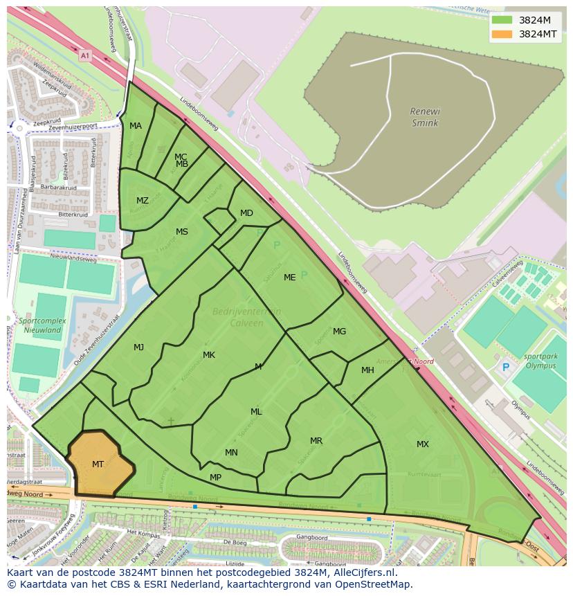 Afbeelding van het postcodegebied 3824 MT op de kaart.
