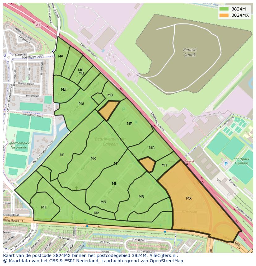 Afbeelding van het postcodegebied 3824 MX op de kaart.