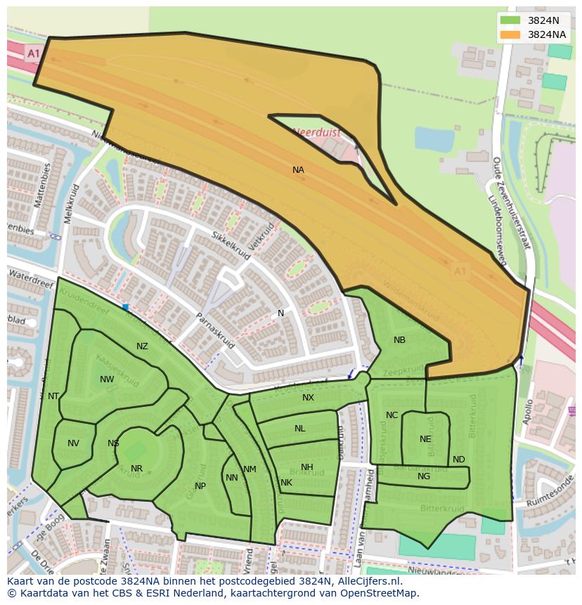 Afbeelding van het postcodegebied 3824 NA op de kaart.