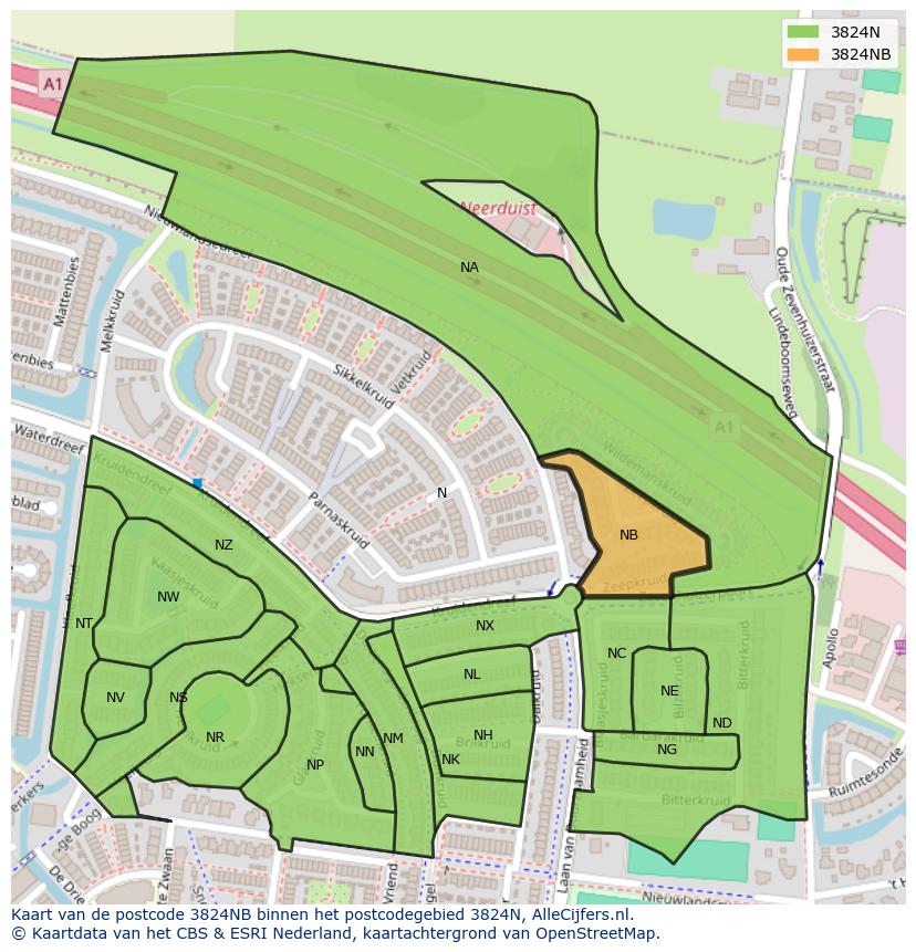 Afbeelding van het postcodegebied 3824 NB op de kaart.