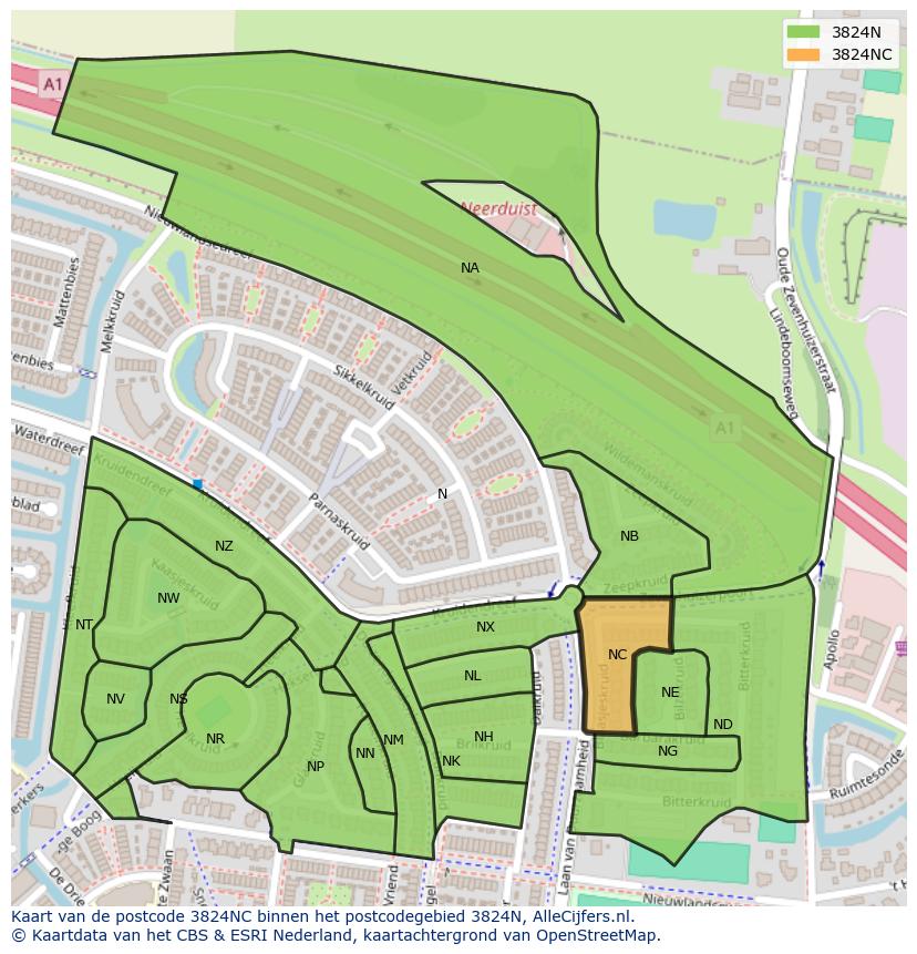 Afbeelding van het postcodegebied 3824 NC op de kaart.