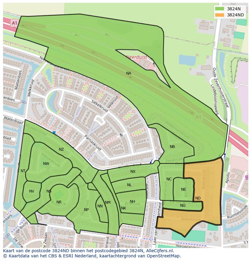 Afbeelding van het postcodegebied 3824 ND op de kaart.