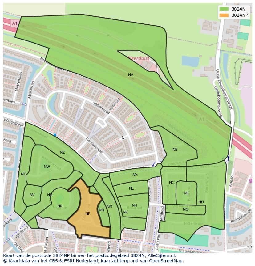Afbeelding van het postcodegebied 3824 NP op de kaart.