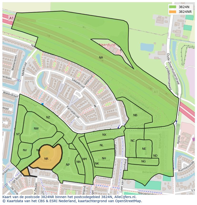 Afbeelding van het postcodegebied 3824 NR op de kaart.