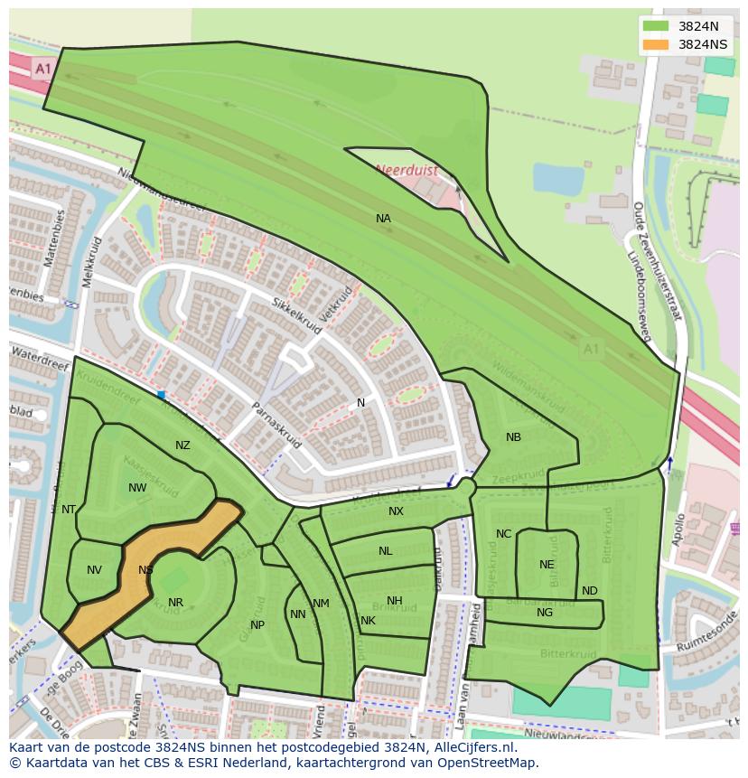 Afbeelding van het postcodegebied 3824 NS op de kaart.